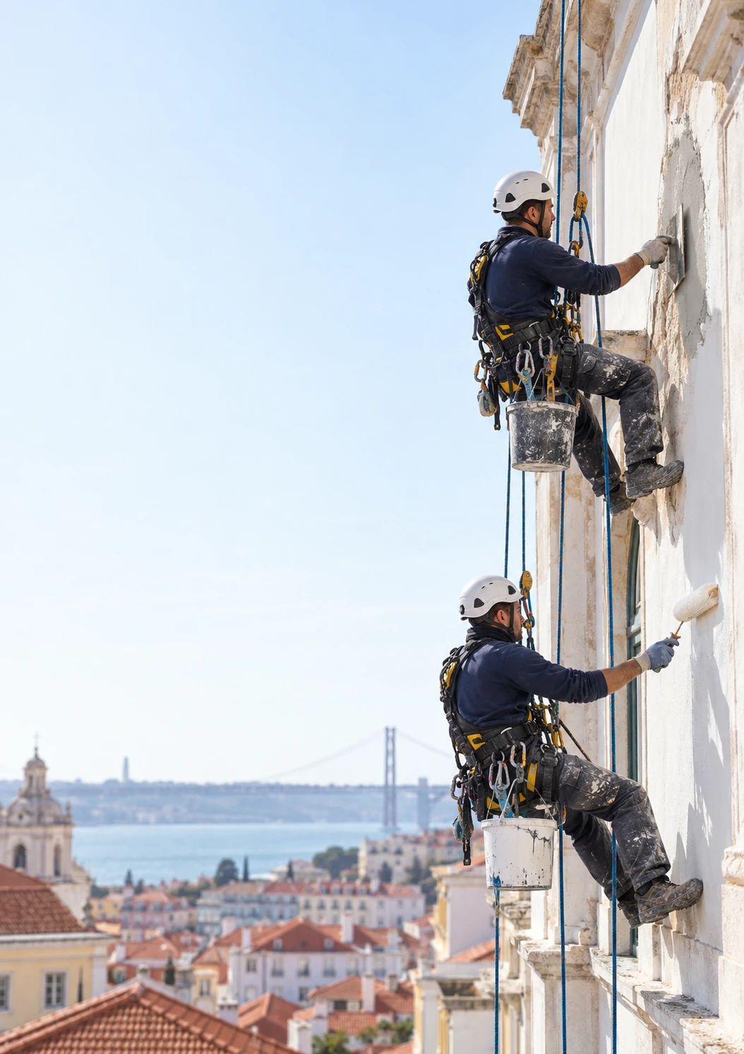 Ilustração de técnicos a intervir por cordas numa fachada de Lisboa